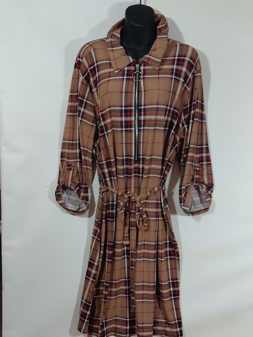 Mlle Gabrielle Plaid Tan Shirt Dress Zip Front Tie Waist Roll Tab Sleeves 3X
